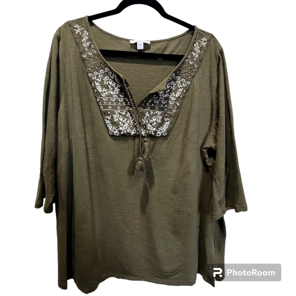 WESTPORT 2X Cotton Blend Olive Green Boho 3/4 Sleeve Embroidered Tassle V Neck - Picture 1 of 6
